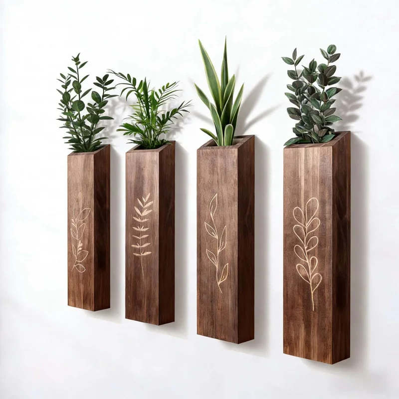 

Деревянные настенные кашпо (4 шт.) в деревенском стиле, коричневые декоративные карманные вазы для гостиной и спальни, подходят для сухих цветов.