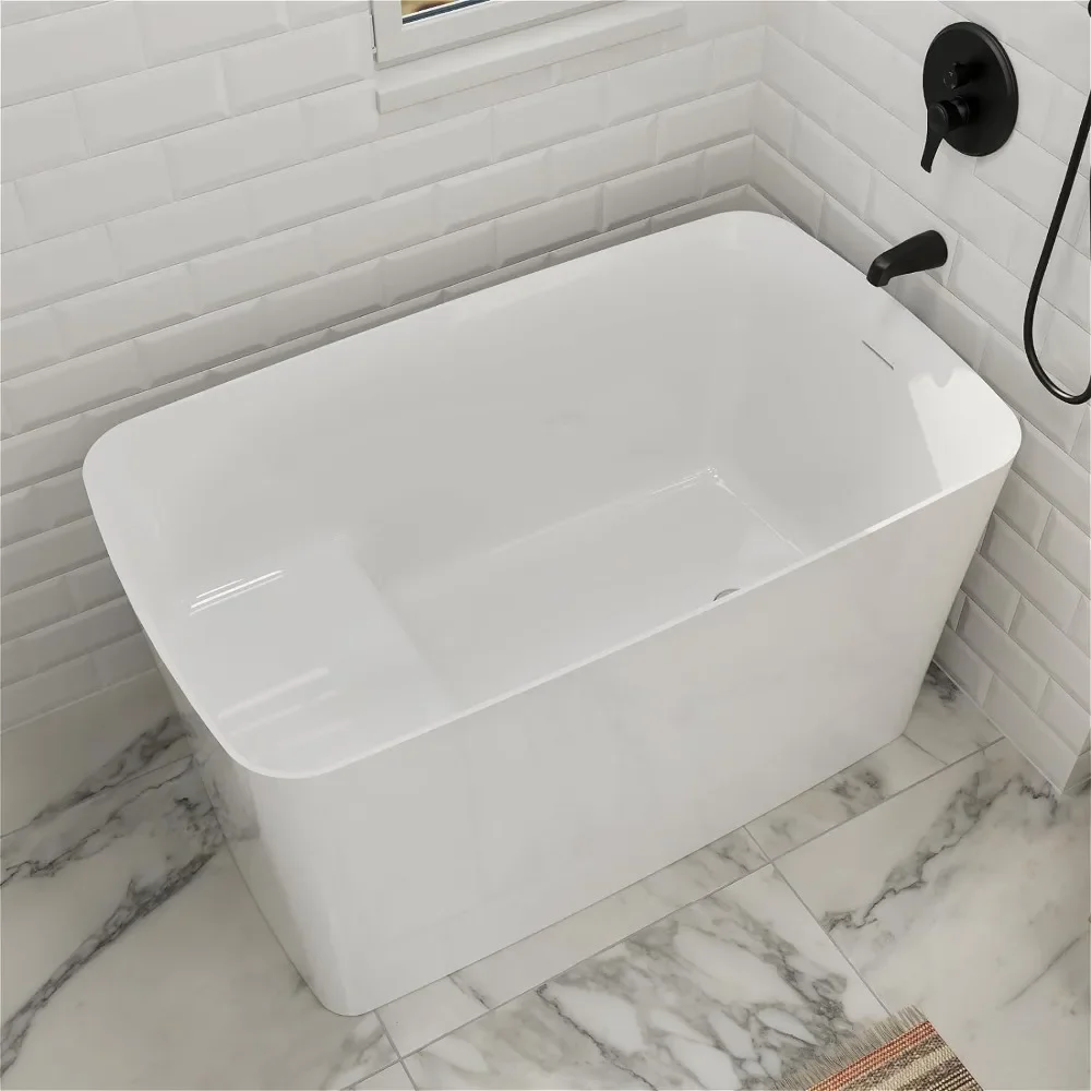 Luxurious 47 Inch Lucite Acrylic Freestanding Bathtub Square Japanese Design Soaking Comfort Seat Chrome Drain Slotted Overflow