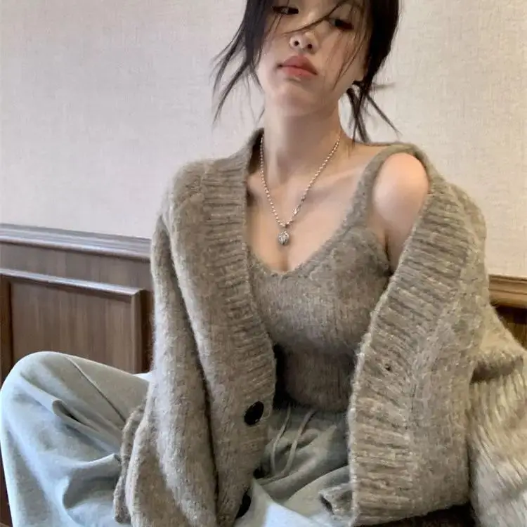 Knitted Sweater Cardigan With Camisole Two-Piece Set Korean Style Lazy Style Autumn And Winter Loose Casual Solid Color Harajuku