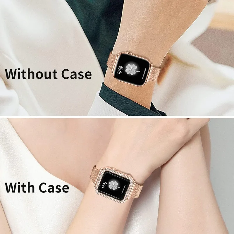 Алмазный корпус + металлический ремешок для Apple Watch, ремешок 45 мм, 44 мм, 40 мм, 41 мм, браслет из нержавеющей стали для iWatch Series 9 8 7 se 6 5 4