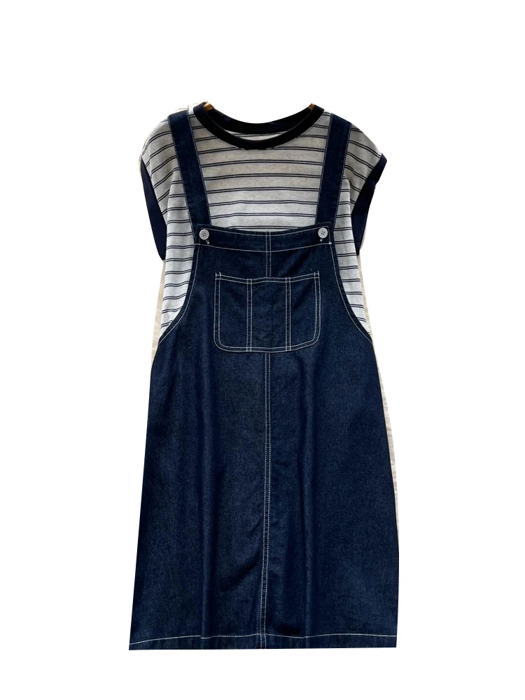 

Korean Lazy Sle Casual Striped ort Sve T-irt Women's Loose Slimming Denim Overalls Dr Two-Piece Set Summer Faion