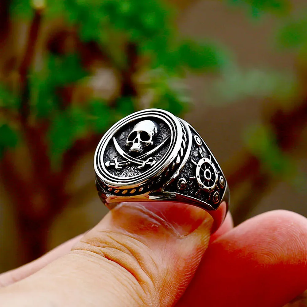 Vintage Pirate Signet Double Knife Skull Rings Men Stainless Steel Viking Compass Ring Biker Amulet Jewelry Gift Drop Shipping