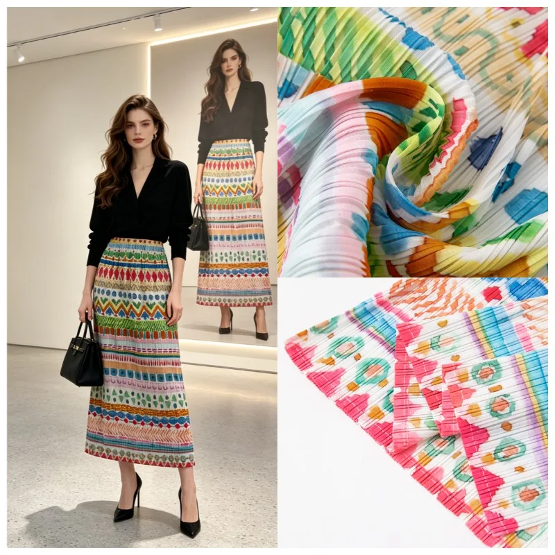 Miyake Pleated 2026 Retro Ethnic Print Skirt Women Casual High Waist Slimming Niche Design Fashion Mid-Length A-Line Skirt Pleat