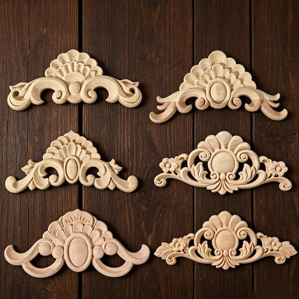 Exquisite Solid Wood Carving Crafts European Natural Floral Wooden Carved Carved Unpainted Furniture Window Corner Wood Applique