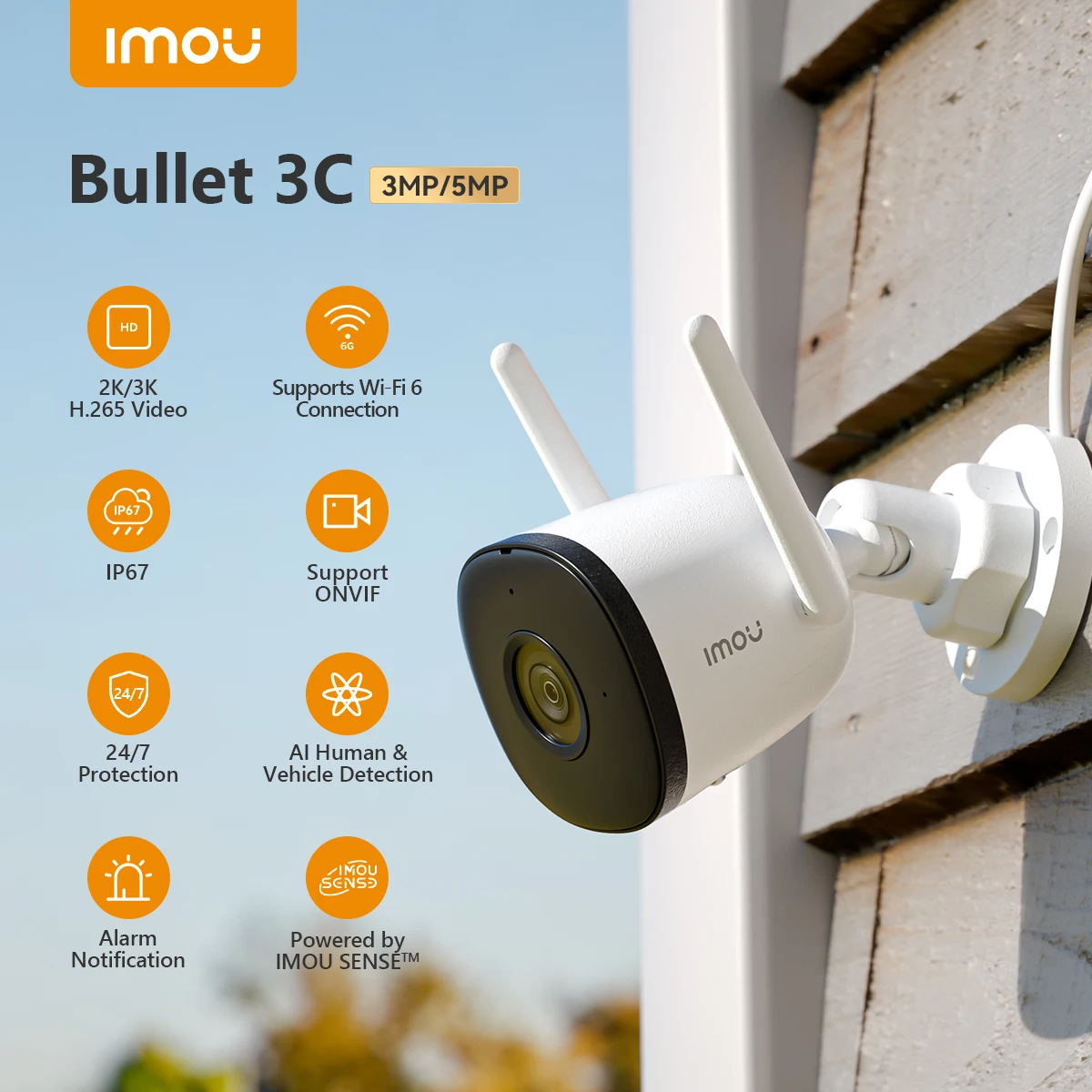 IMOU-Outdoor Surveillance IP Camera, Proteção de Segurança, Rastreamento Automático, AI Human and Vehicle Detection, Segurança, Bala 3C, 3MP, 5MP, IP67