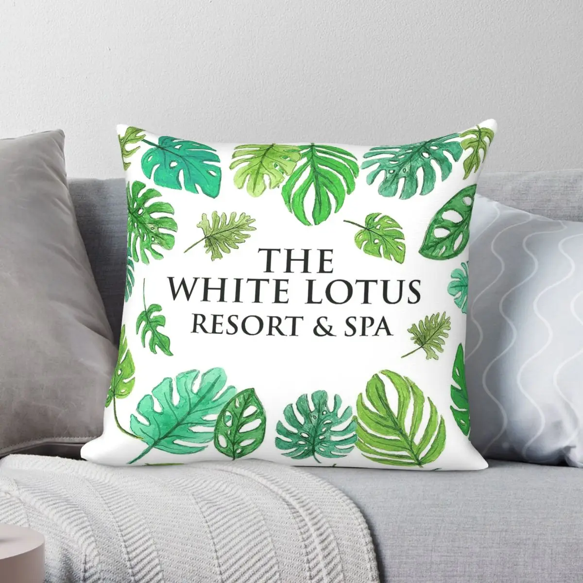 White Lotus Resort & Spa Leaves Square Pillowcase Polyester Linen Velvet Pattern Zip Decorative Room Cushion Case