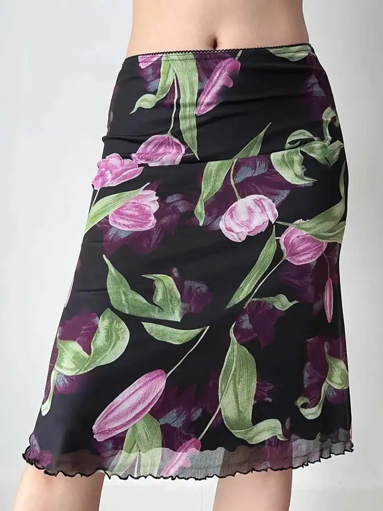 Vintage Floral Mesh Skirt Women High Waist Streetwear Slim Midi Mermaid Skirts Spring Summer American Retro Sexy Harajuku Skirts