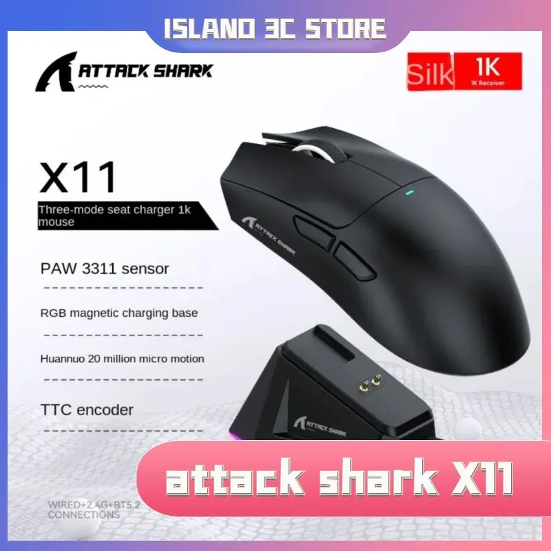 PAW3311 Triple-Mode Attack Shark X11 Connectivity Light Weight Bluetooth Mouse Touch Magnetic Charging Optical Sensor Gaming