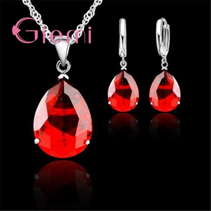 Luxury Drop Shape Large Red Crystal Stone Necklace Earrings 925 Sterling Silver and CZ Wedding Ceremony Jewellery Set