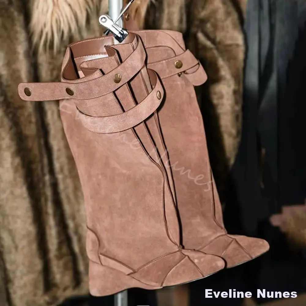 Brown Suede Belt Buckle Knee High Boots Women Retro Lace-Up Ruched Pointed-Toe Wedge Cowboy Boots Spring New Slip On Slouch Boot