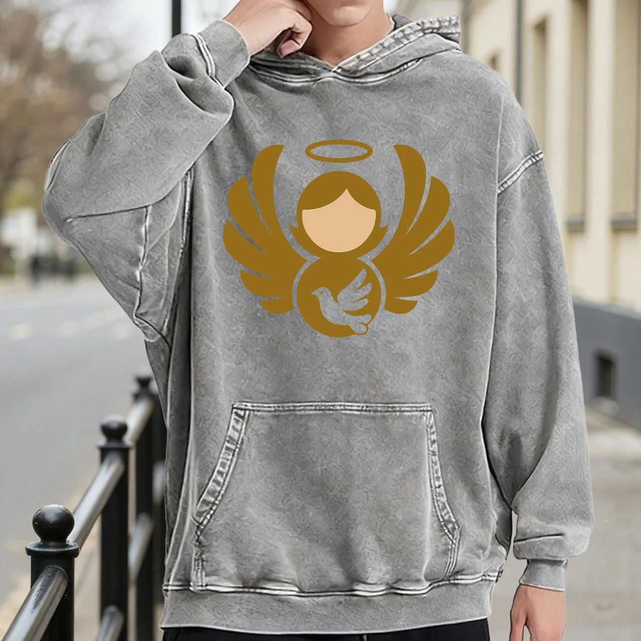 

Мужская винтажная потертая толстовка с рисунком Golden Angel Baby, потертый пуловер в стиле ретро, уличная повседневная толстовка