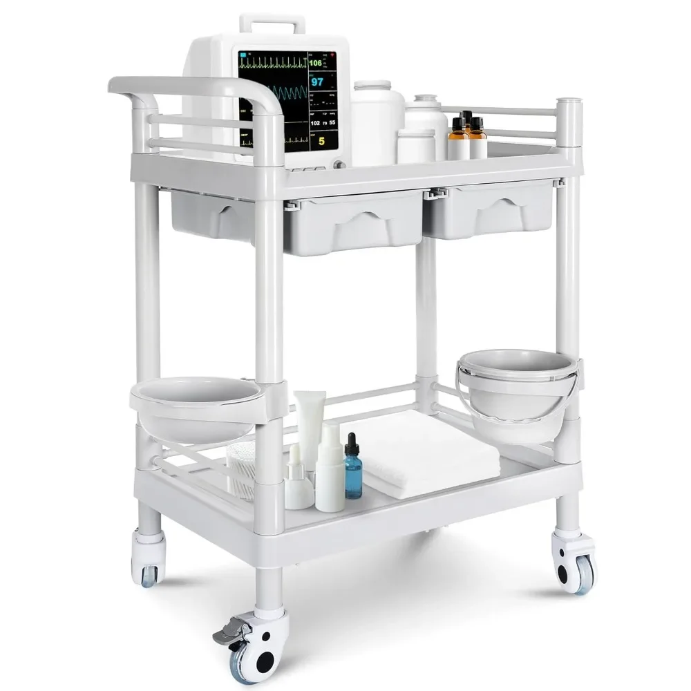 

2 Tier Trolley 330 Lbs, with 2 Drawers Carts, Beauty Salon Rolling Trolley with Dirt Buckets, 360° Rotate Wheels