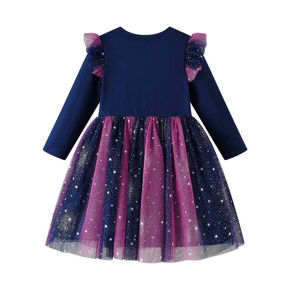 Mädchen Galaxy Stern Schmetterling Druck Langarm Tüll Prinzessinnen-Partykleid Kleinkinder Herbst Frühling Farbverlauf Ombre Marineblau Outfits – Detail 9