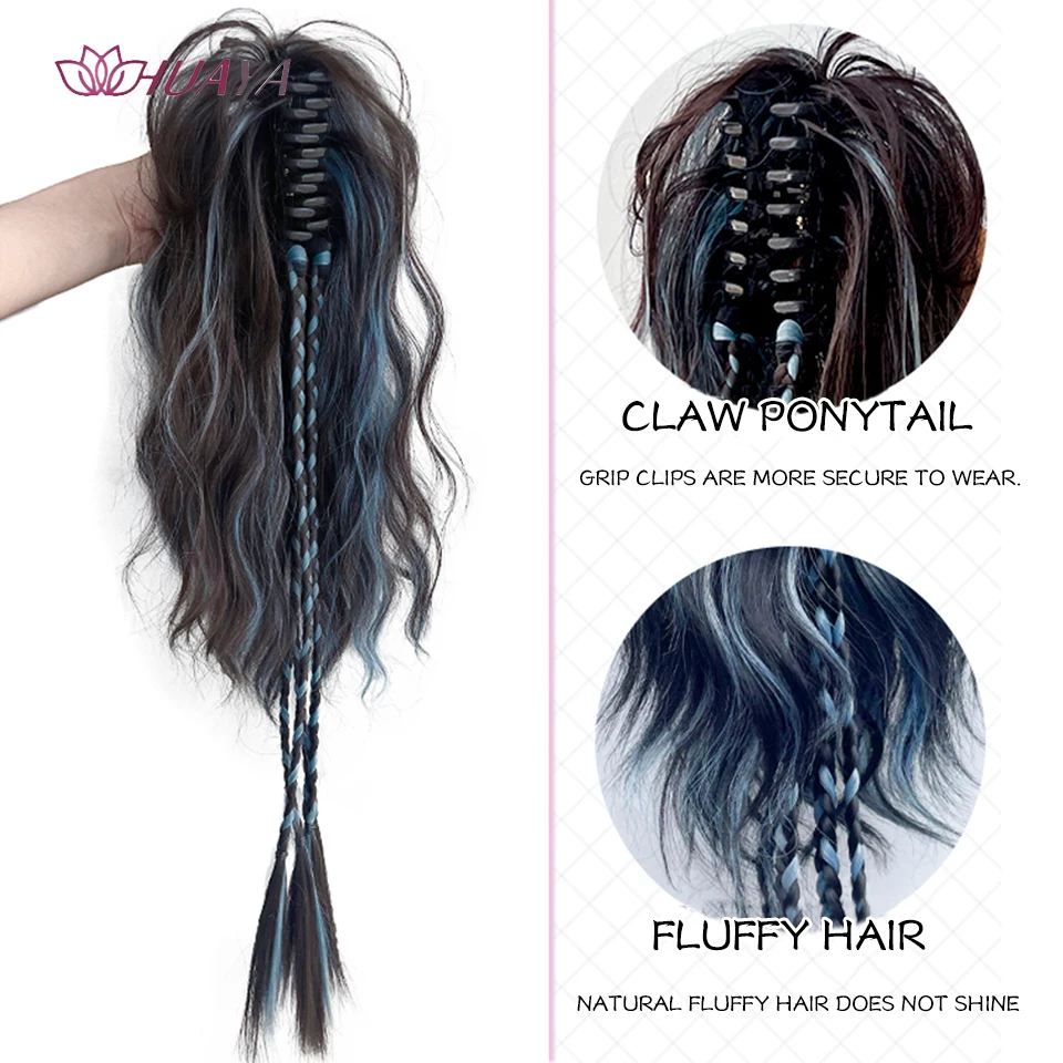 HUAYA Synthetic Claw Clip Ponytail Braid Hair Extensions Long Curly Hair Black Blue Pink Mixed Hair Pony Tail For Women