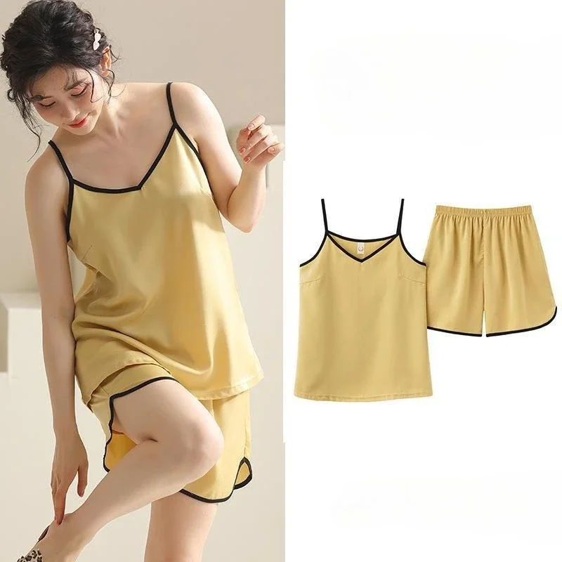 여성용 아이스 실크 캐미솔 파자마 세트 - 가벼운 상의와 반바지 투피스 세트, 편안한 홈웨어