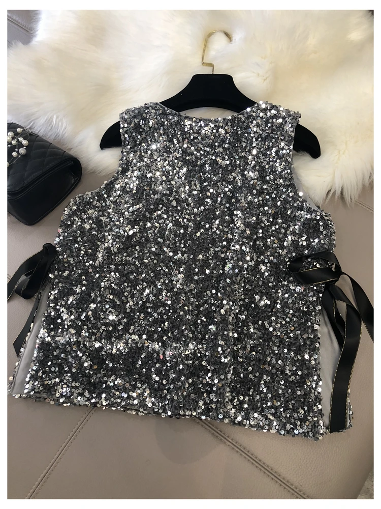 Imagem -06 - Colete de Lantejoulas Solto sem Mangas Feminino Vermelho Líquido Top Glitter Camisa da Moda com Fenda Renda Outono e Inverno 2023