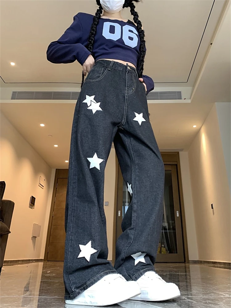 

Women's White Star Print Wide Leg Black Jeans Cool Girl Streetwear Fashion High Waist Pant Female Straight Design Trousers