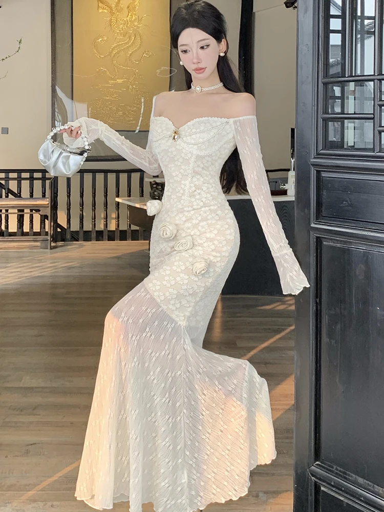 نساء أزياء من الدانتل الجاكار المرقعة تكدرت فستان حورية البحر المرأة شيك مائل الرقبة فستان مثير 2025 فساتين المهرجان الكورية الفاخرة