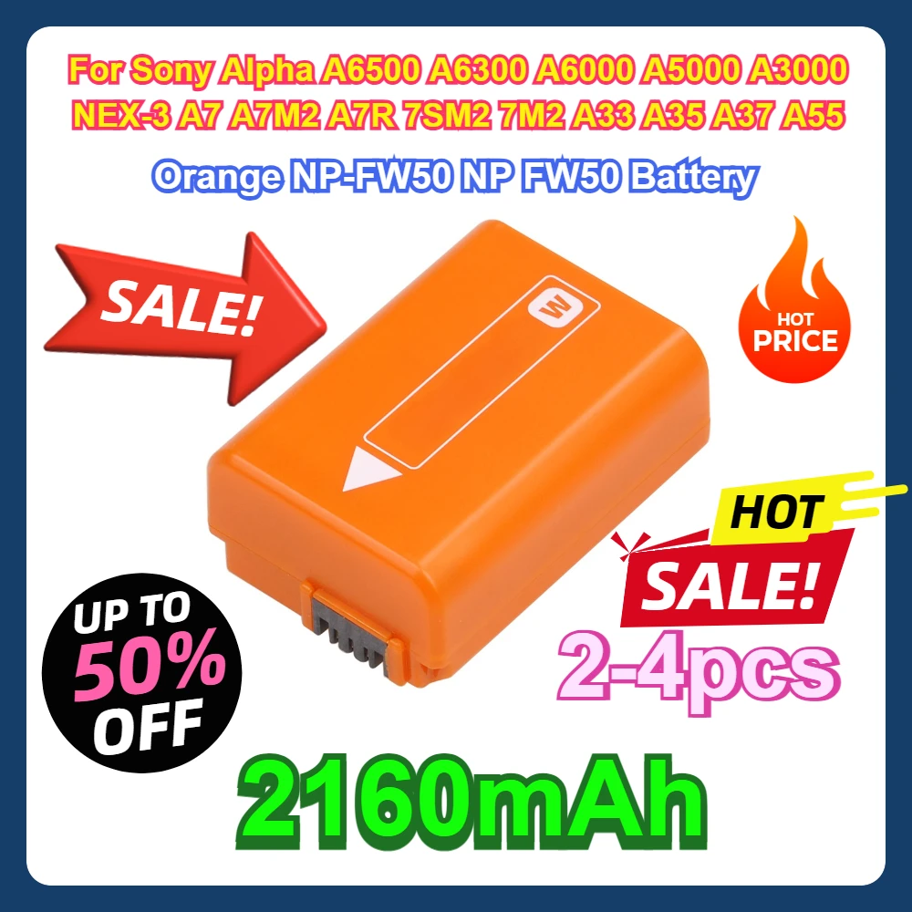 For Sony Alpha A6500 A6300 A6000 A5000 A3000 NEX-3 A7 A7M2 A7R 7SM2 7M2 A33 A35 A37 A55 Orange NP-FW50 NP FW50 Battery (2160mAh)