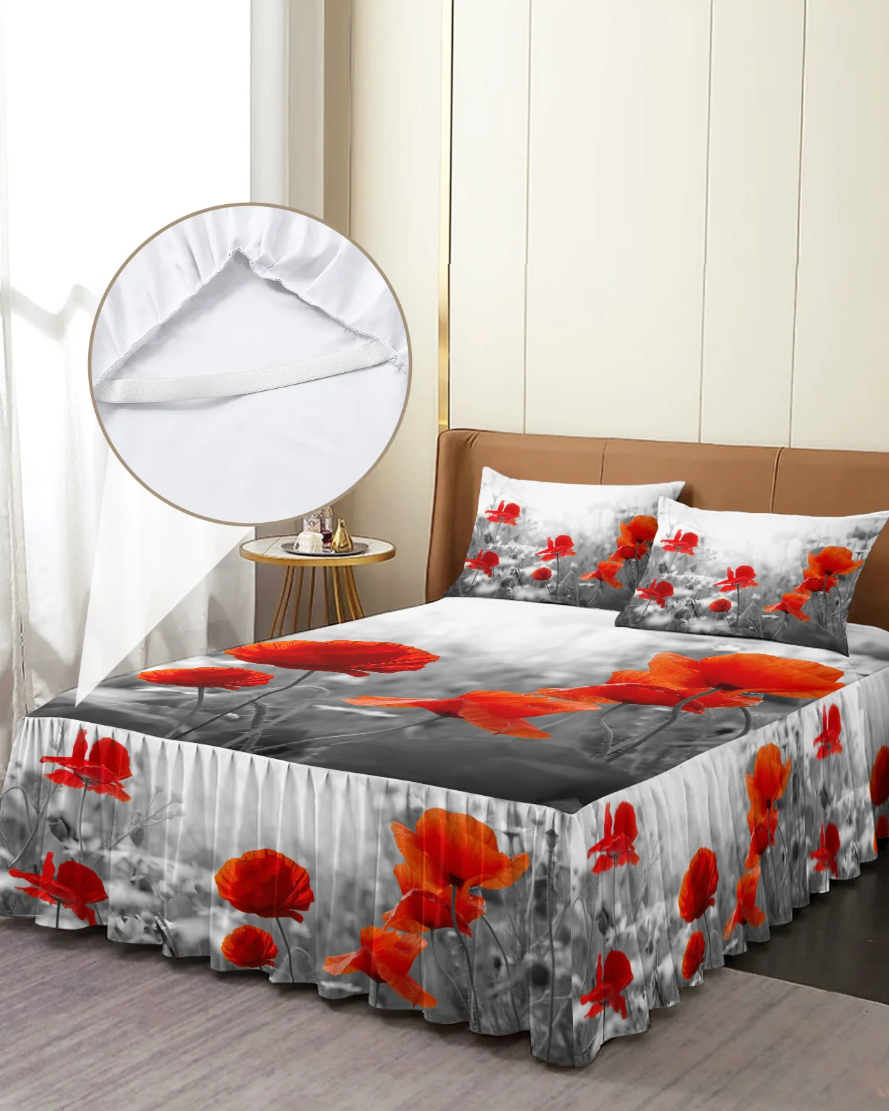 Poppy Flower Red Bed Skirt Elastic Fitted Bedspread With Pillowcases Bed Protector Mattress Cover Bedding Set Bed Sheet