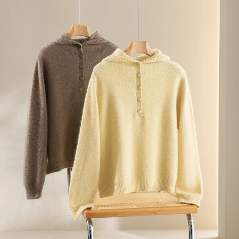 Birdtree,Wool Blended Warmth Sweater,Women Knitted Basics Solid Coat,Hooded, Full Sleeve, 2025 Autumn Casual Pullover T5D109JF