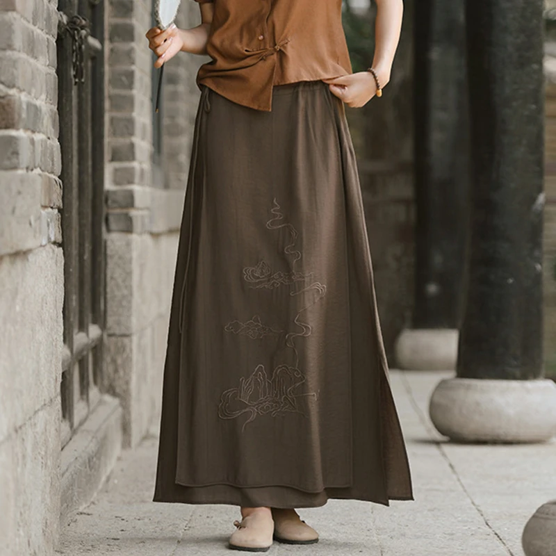 Ladies Elegant A-line Long Skirt New Arrival 2025 Summer Chinese Style Vintage Embroidery Loose Female Casual Skirts M1637