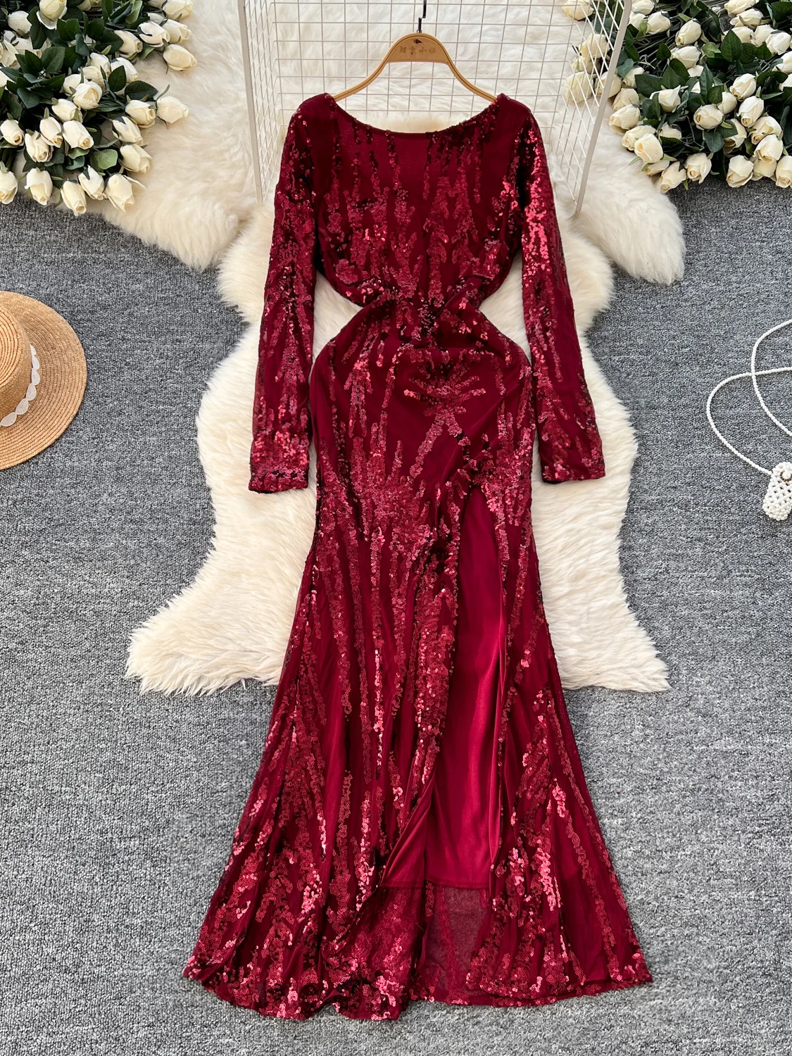 Autumn Winter Burgundy/Black/Green/White Sequins Party Long Dress Elegant Round Neck High Waist Bling Maxi Vestidos Female  New