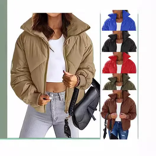 

Winter New Fashion Zipper Stand Up Collar Women Short Cotton Clothing Versatile Solid Color Female Casual Jacket