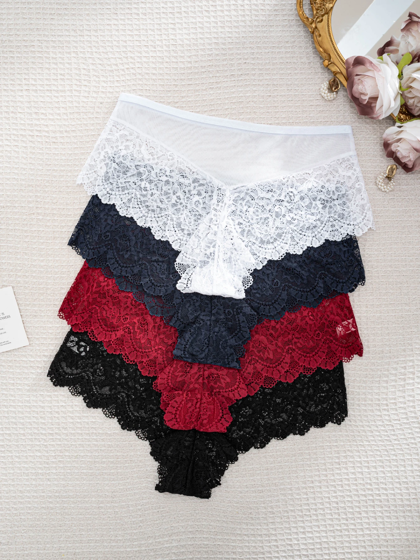 4-Pack of Women's Semi-Sheer Lace Boxer Briefs, Mid-Waist with Wavy Lace Trim, Multi-Color Combination Safety Boxer Briefs