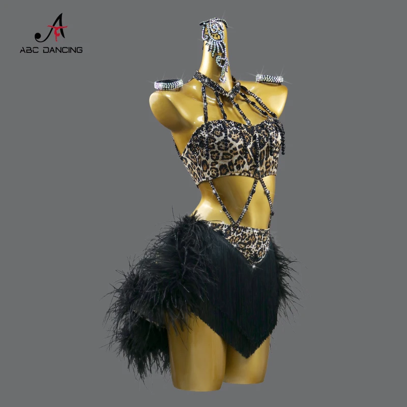 Roupas de dança latina com saia de penas para meninas, fantasia de competição para baile, samba, linha, bola, vestido de festa esportivo, roupa prática, palco