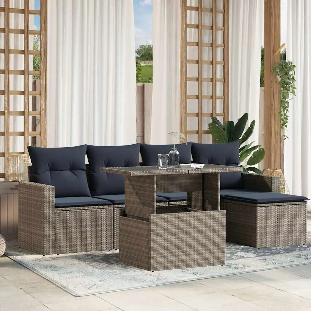 

6 Piece Gray Poly Rattan Outdoor Patio Sofa Set with Comfortable Cushions for Garden Balcony Deck Furniture