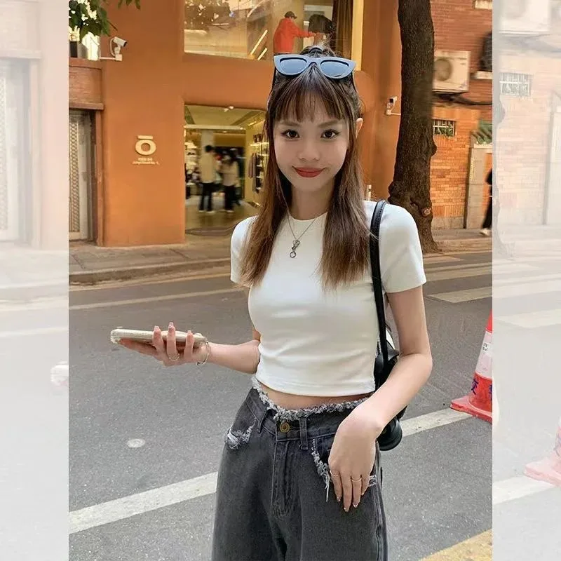 

Slim Fit Short Sleeve Crew Neck T-Shirt Women's Black round Neck Top for Summer New Style Small Size Fashionable Body Shaping