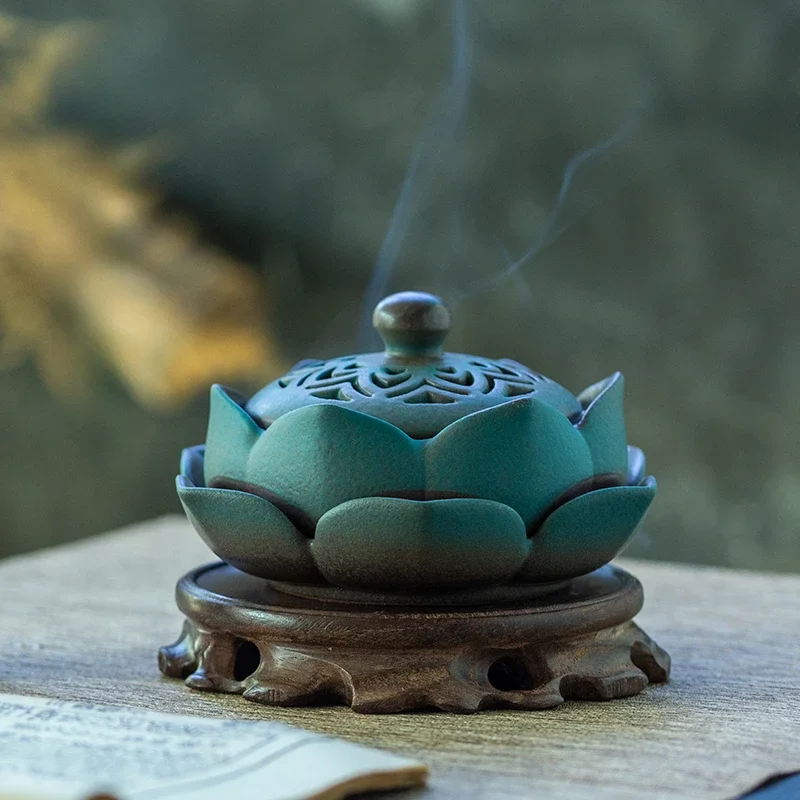 Imitation Ancient Ceramic Lotus Incense Coil Furnace Wooden Aromatherapy Base Home Interior Tea Ceremony Supplies Incense Tool