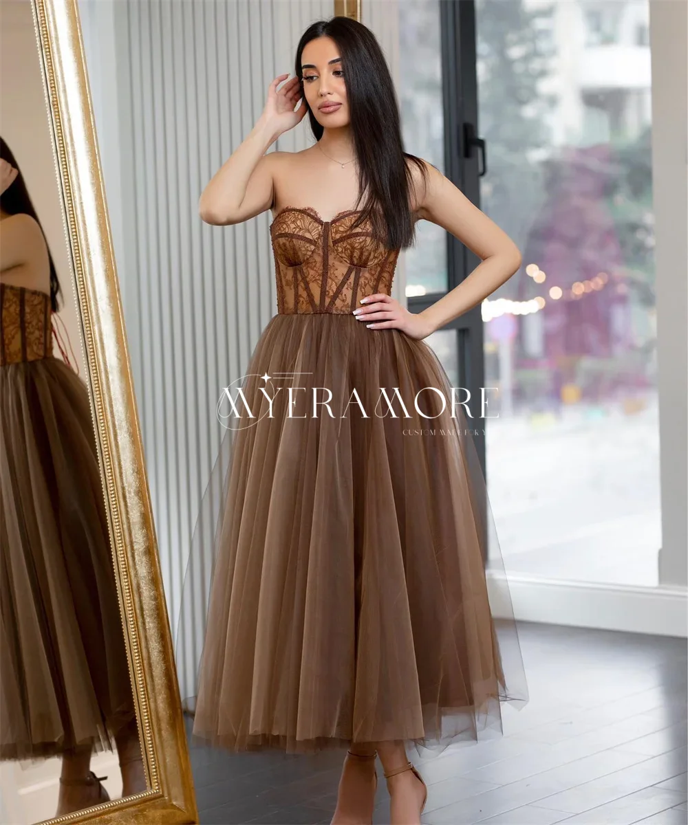 Customized Brown Strapless Formal Evening Dresses A Line Lace Tulle Corset Sleeveless Ankle-Length Princess Wedding Party Dress