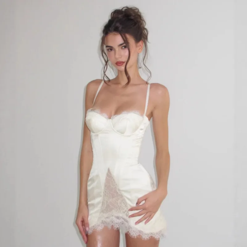 New Summer Sexy Pure Desire Style Strapless Dress Women Slim Lace Patchwork Cutout Waist Satin Mini Dress Y2K Chic Party Outfits