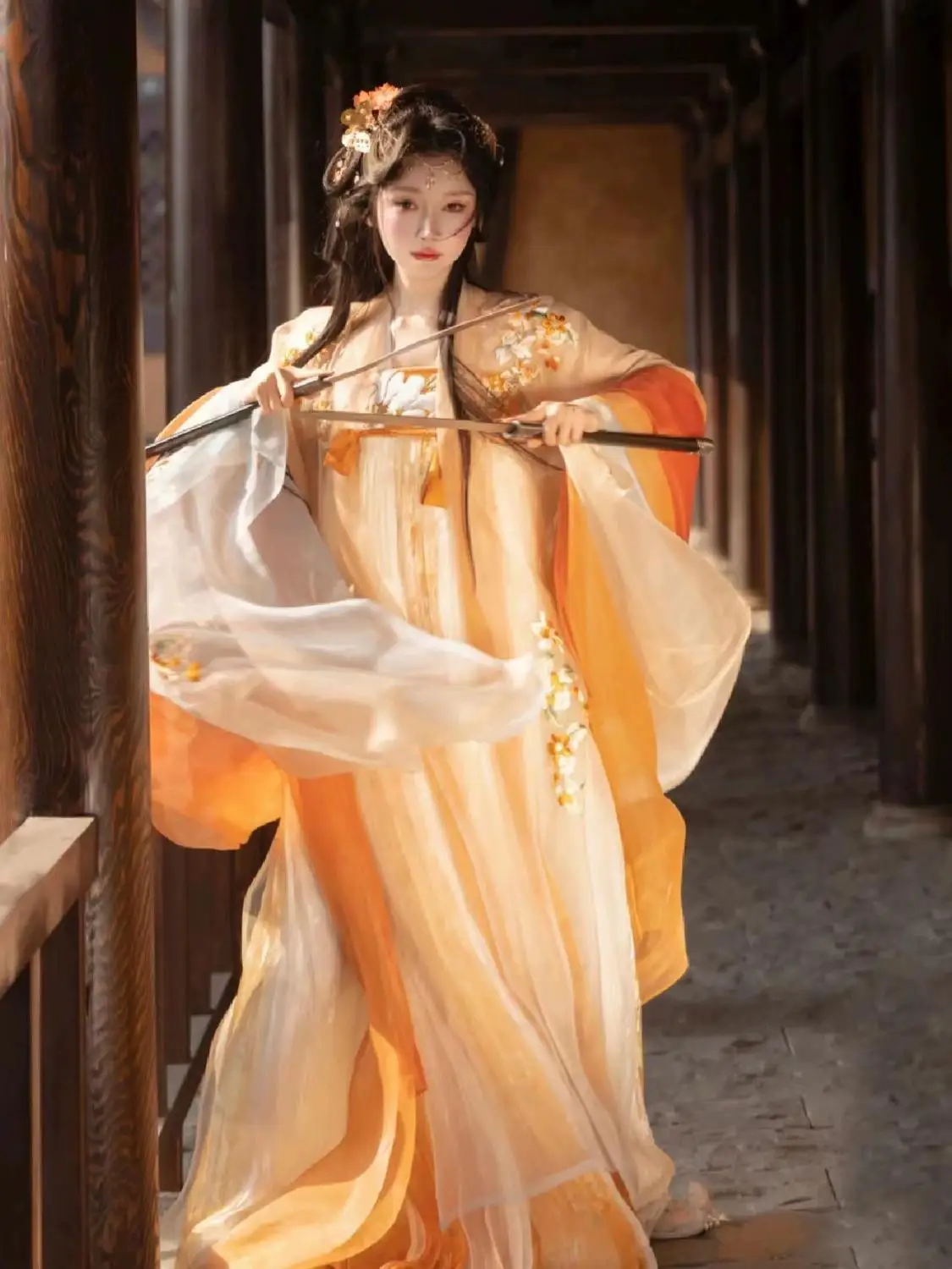 Summer Set Tang Dynasty Chest-length Skirt Fairy Skirt Big Sleeve Shirt Embroidery Orange Chinese Dress Traditional  Vestidos