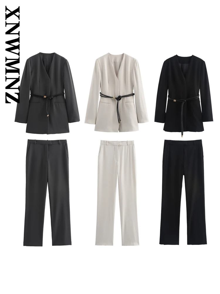 XNWMNZ 2024 Autumn New Woman's Commuting V-Collar Coat Two-piece Fashion Lady Long Sleeve Pantsuit Pockets Business suit Jacket