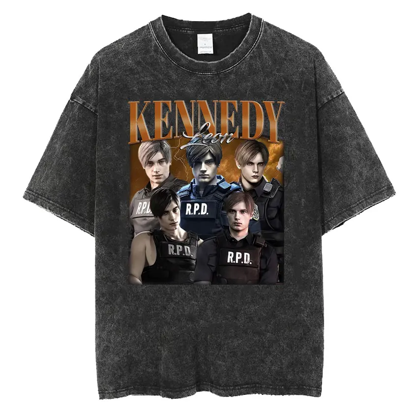 Limited Leon S Kennedy Resident Evil FANGIRL Washed Tee Shirt 90s Classic Vintage Movie T-shirt Men Fashion Cool Harajuku Tshirt