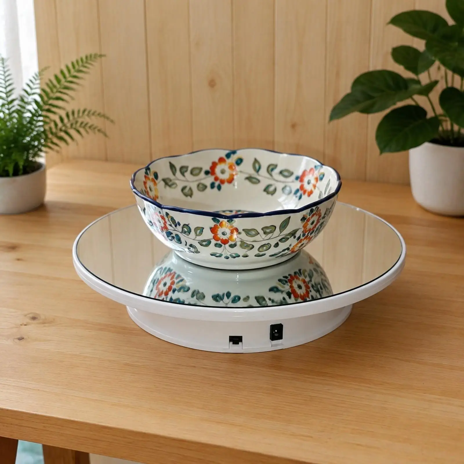 Round Single Layer Rotating Display Stand for Small Items with USB Cable for Live Broadcasting Display Setup