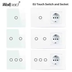 1/2/3Gang Touch Light Switches Glass Panel Wallpad  Wall Switches Home Led Power Switches Blue Backlight EU Standard Sockets