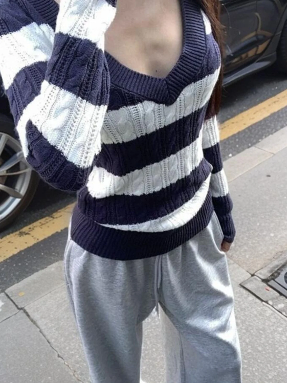 

Women's Slim Fit Long Sve V-Ne Knitted Sweater Elastic Color Blo Base irt Autumn Winter Inner Wear Soft Striped Knit...