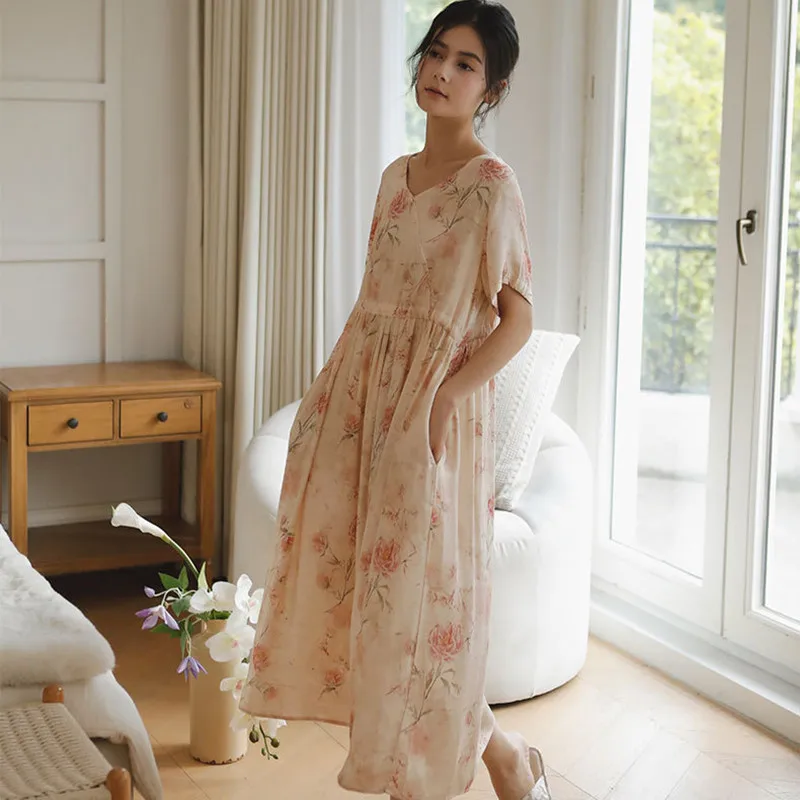 Women Summer Short Sleeves Cotton Printing Nightdress Rayon Satin V-Neck Mid-Calf Nightgowns Loose Design Sleepwear Nightie New