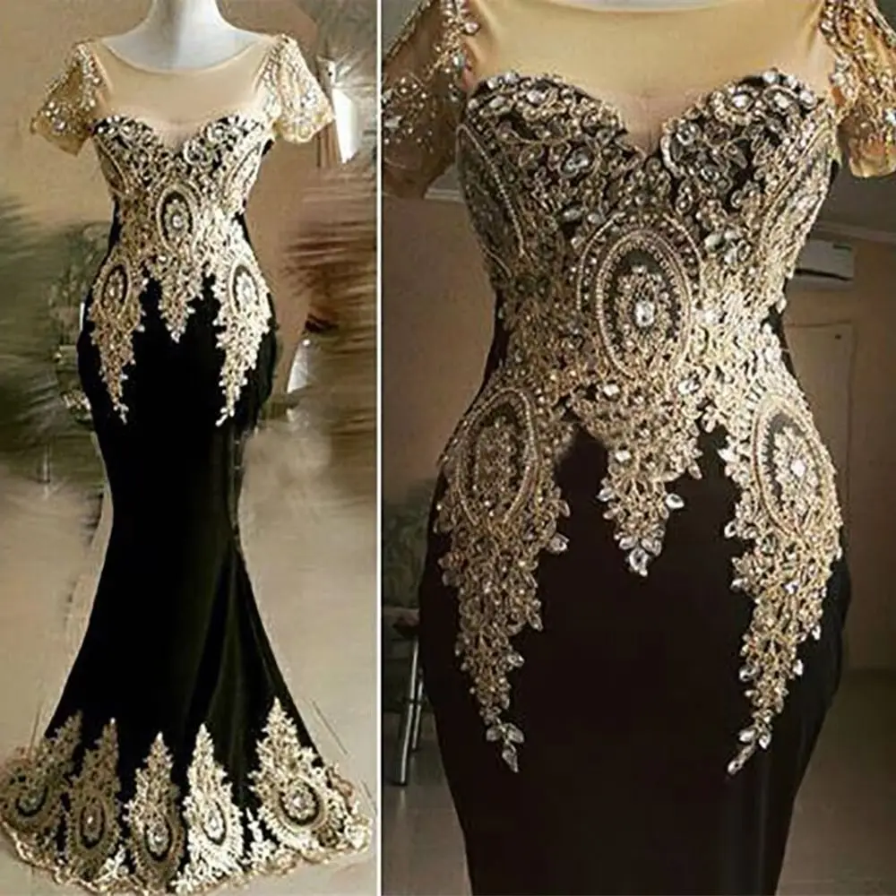 Robe de Soirée Élégante à Manches Courtes pour Femme, Sirène Noire, Longueur au Sol, Citrochampagne, Appliques en Dentelle, ixde Bal, Quelle que soit