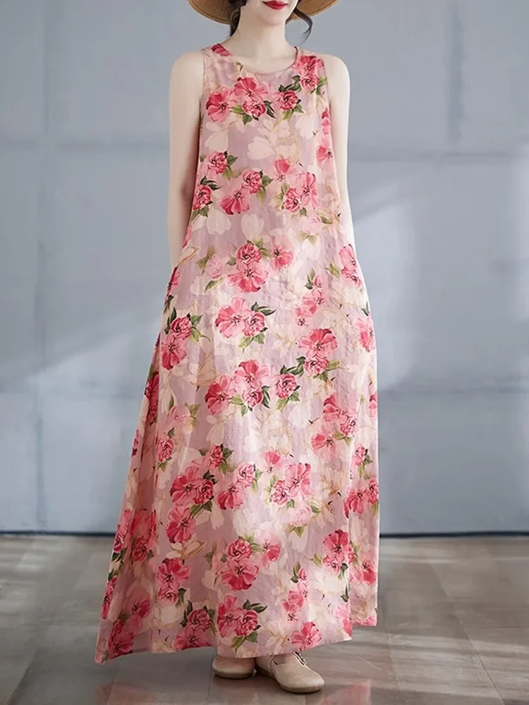 sleeveless oversized cotton vintage floral new in dresses for women casual loose long summer dress elegant clothing 2025