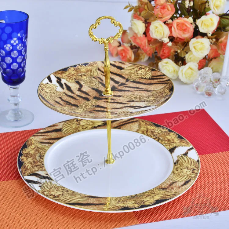 European-Style Wild Leopard Bone China Tableware Western Food Plate Plate Dish Coffee Set Double Layer Snack Fruit Cake Plate