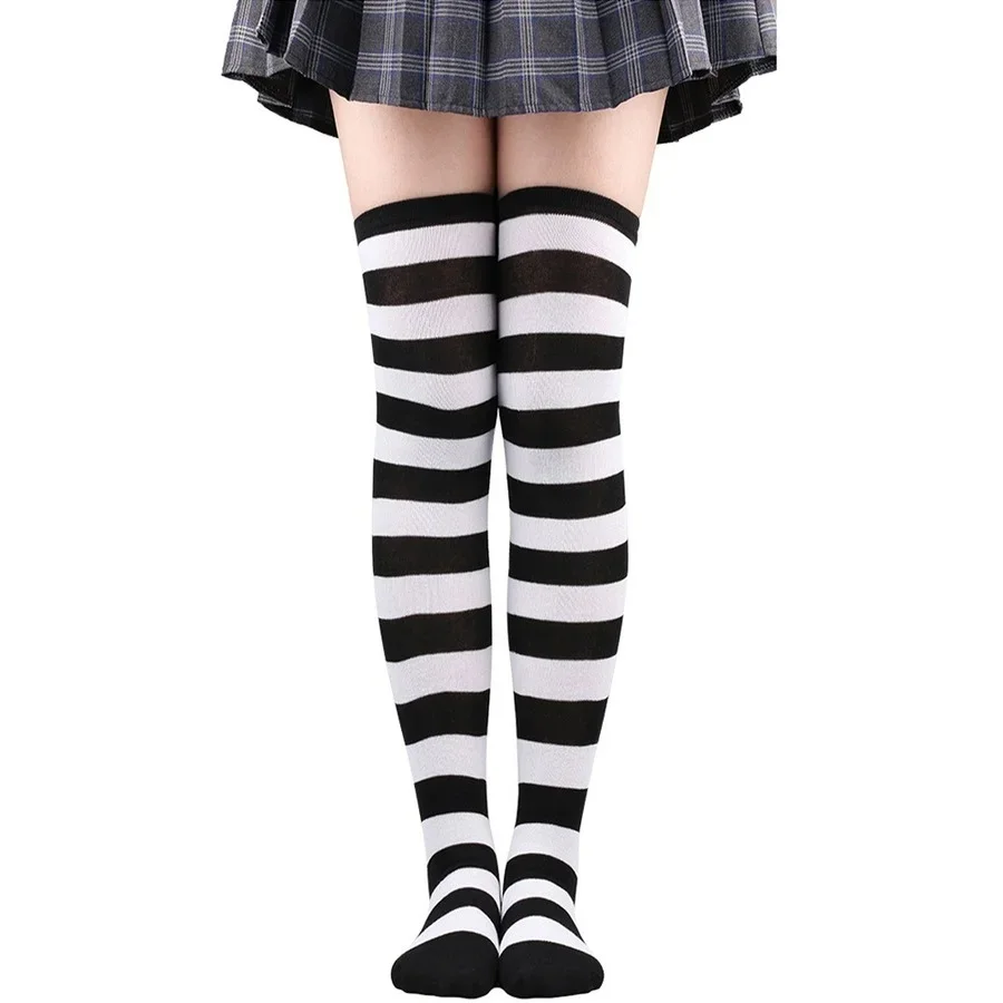 Meias altas de coxa listrada para mulheres, meias longas de mulheres acima do joelho, meias Lolita Cosplay, preto, branco, rosa, Harajuku, Y2k, 2024