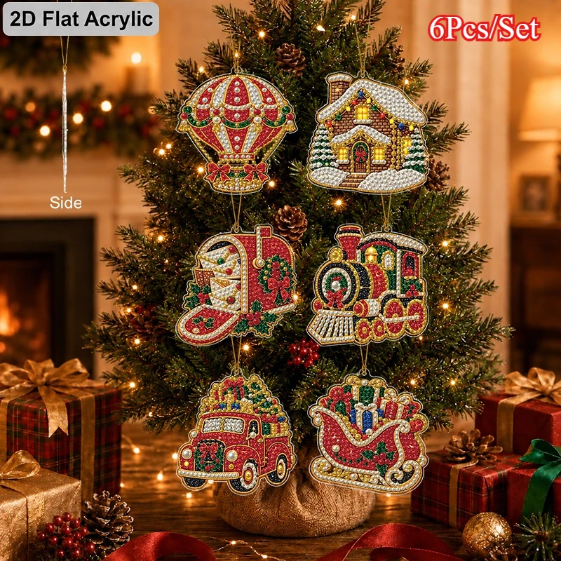 6Pcs Christmas Pearl Diamond Painting Acrylic Ornaments Set, 2D Flat DIY Acrylic Pearl Bead Hanging Pendants, Hot Air Balloon