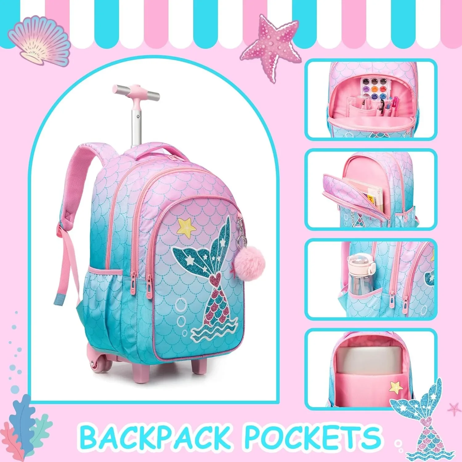 Bunnyfly 3PCS Rolling Backpack for School Kids Wheeled Backpack with Silent Wheels Lightweight Primary School Bag Durable Daypac