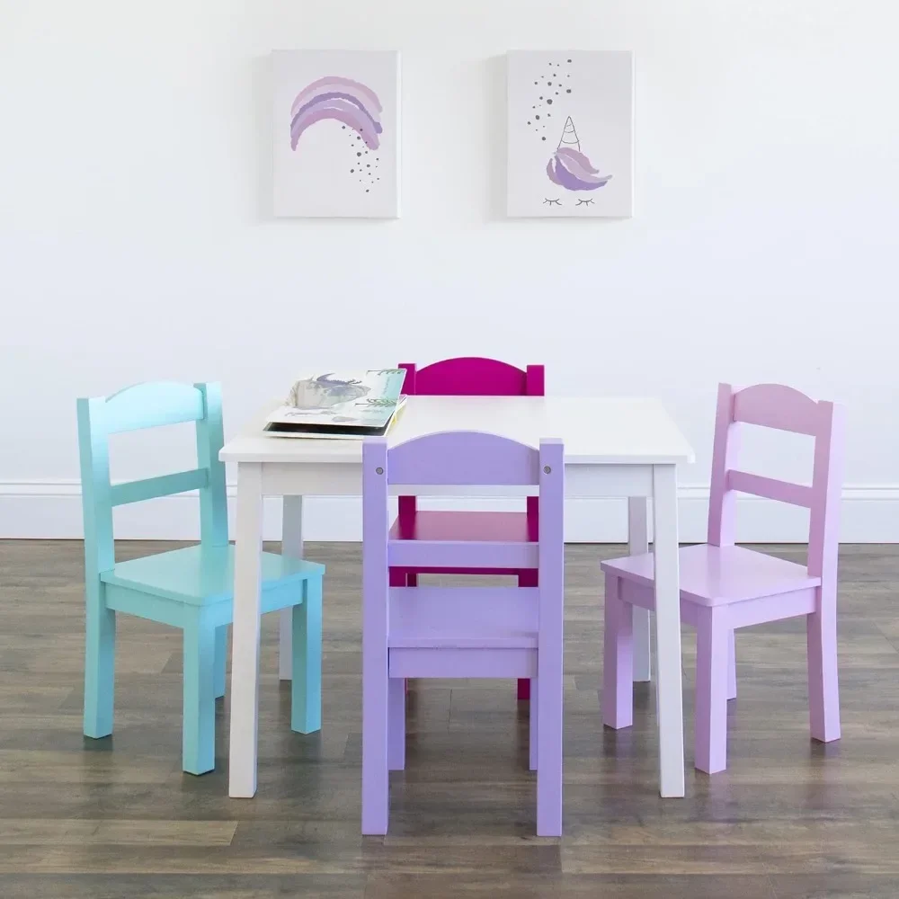 durable Kids Wood Table and Chair Set (4 Chairs Included) - Ideal for Arts & Crafts, Snack Time, Homeschooling,White, Pink, Purp