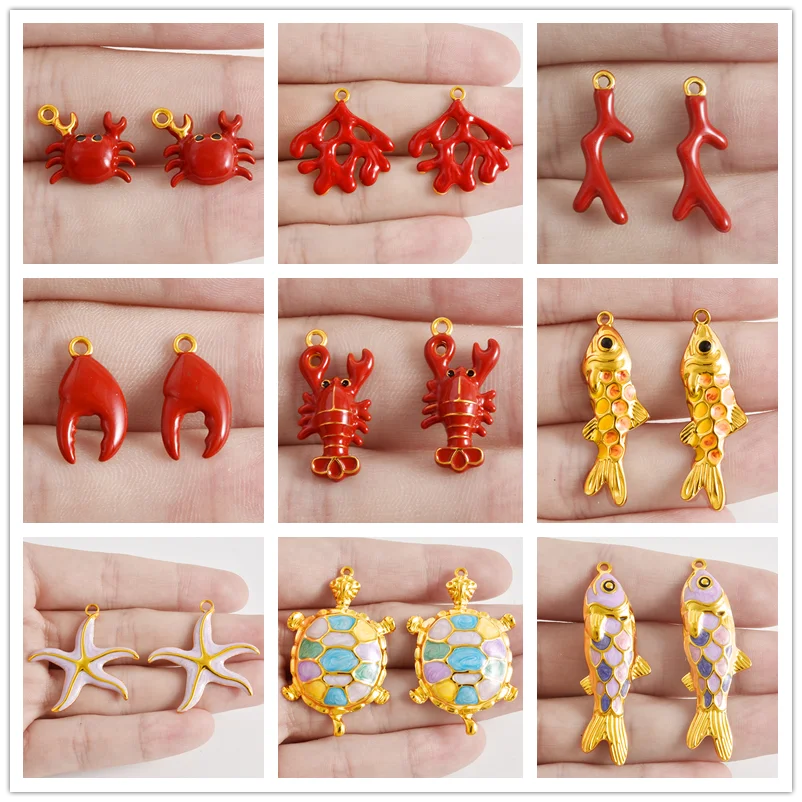 2pcs Red Lobster Crab Coral Real Gold Plated Stainless Steel Enamel Charm For Jewelry Making Supplies DIY Beach Necklace Pendant